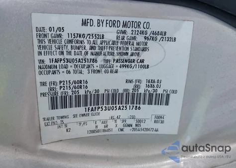 2005 Ford Taurus Se z USA, uszkodzony, nr VIN 1FAFP53U05A251786